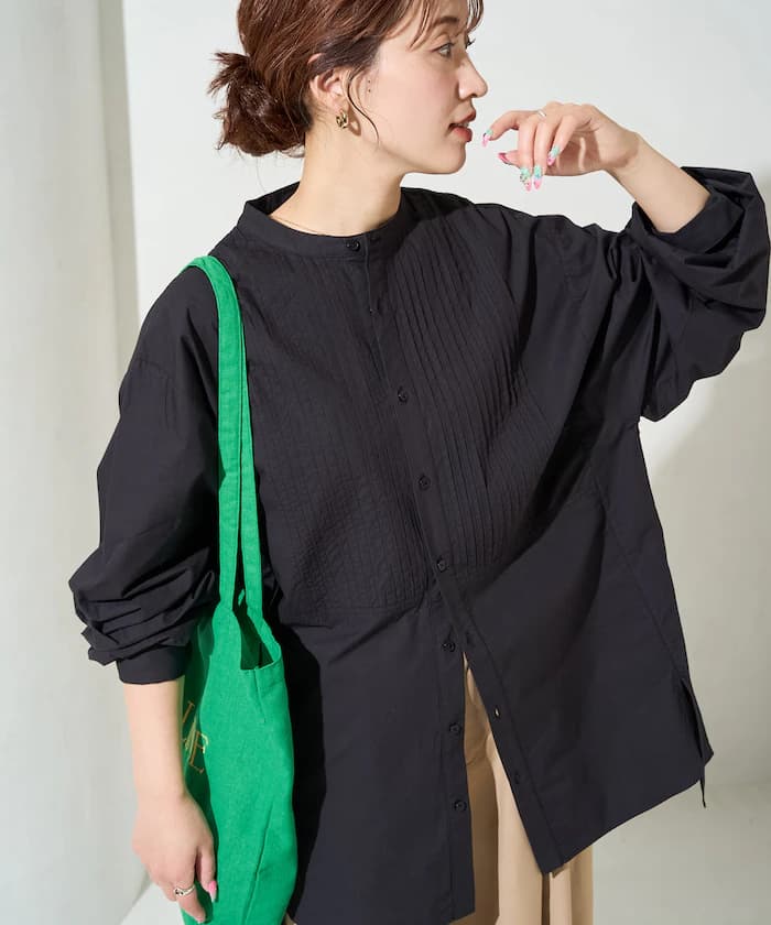 打褶寬版鈕扣長袖襯衫【限定展開】