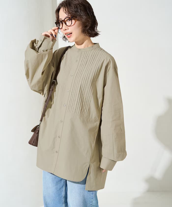 打褶寬版鈕扣長袖襯衫【限定展開】