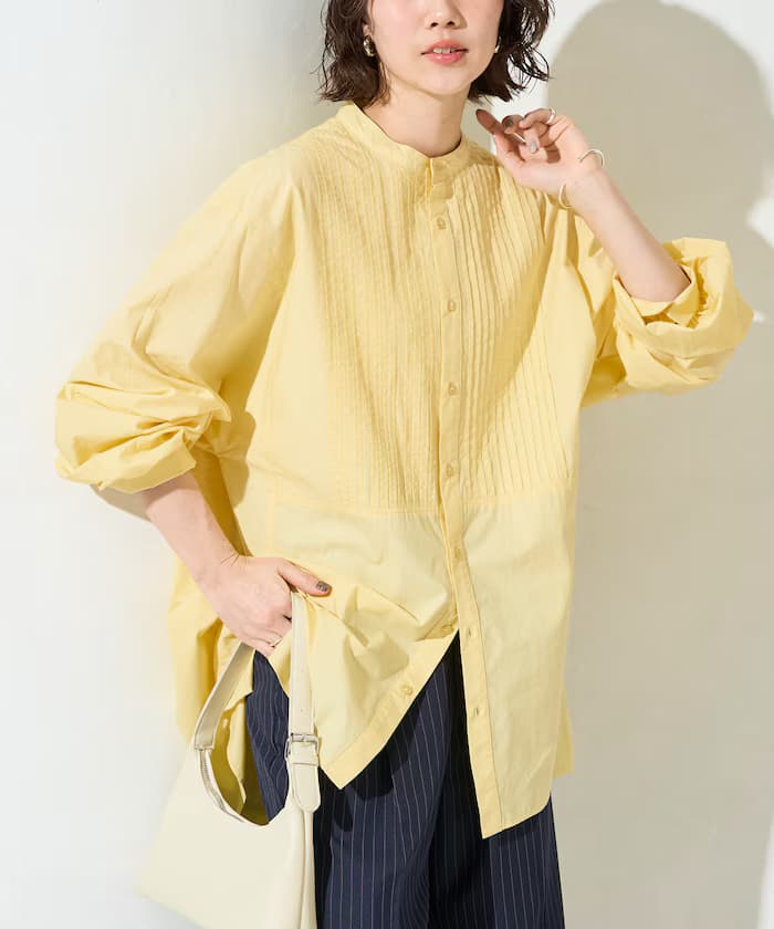 打褶寬版鈕扣長袖襯衫【限定展開】