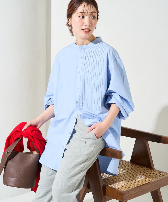 打褶寬版鈕扣長袖襯衫【限定展開】