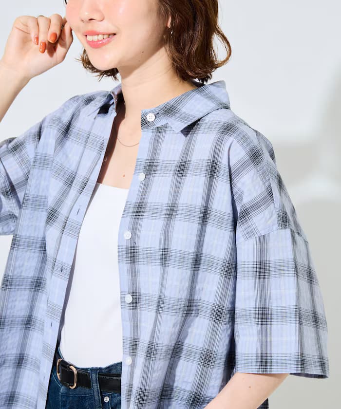 蓬鬆格紋半袖襯衫【限定展開】