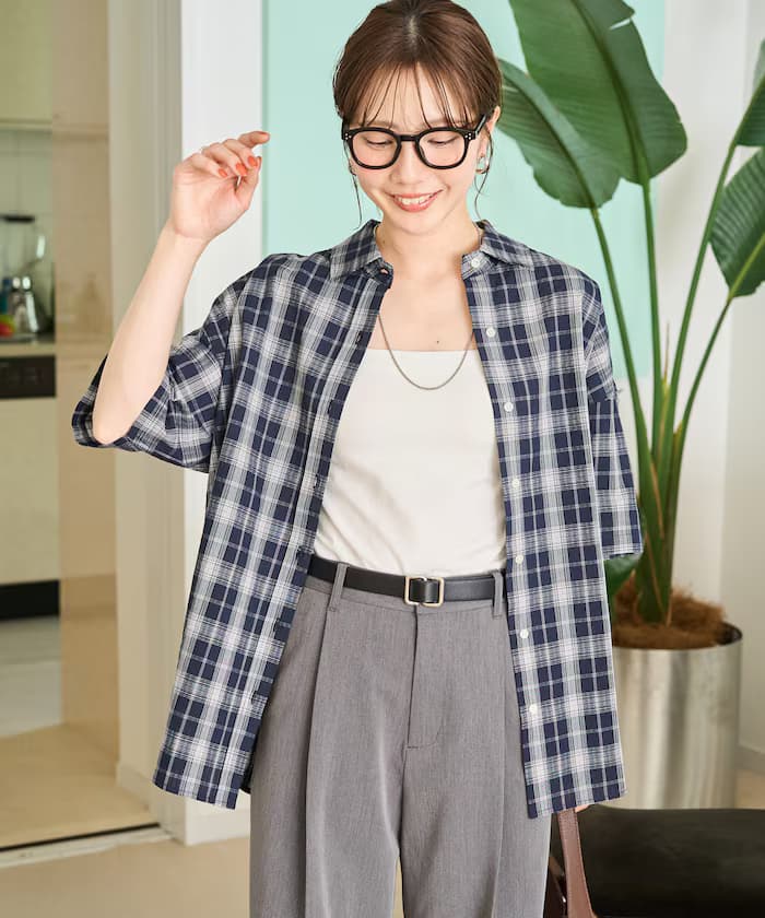 蓬鬆格紋半袖襯衫【限定展開】