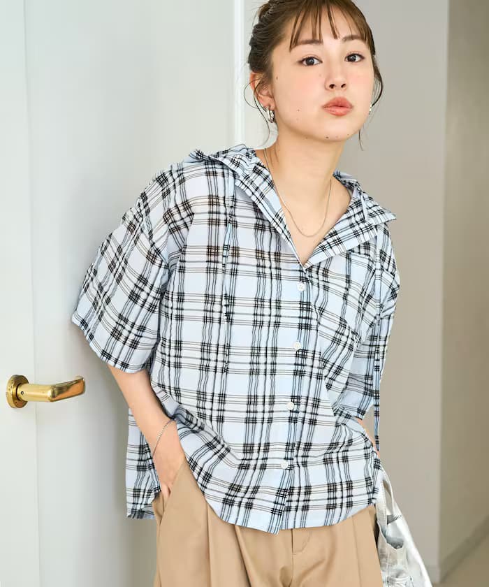 透視格紋連帽短版鈕扣襯衫【限定展開】