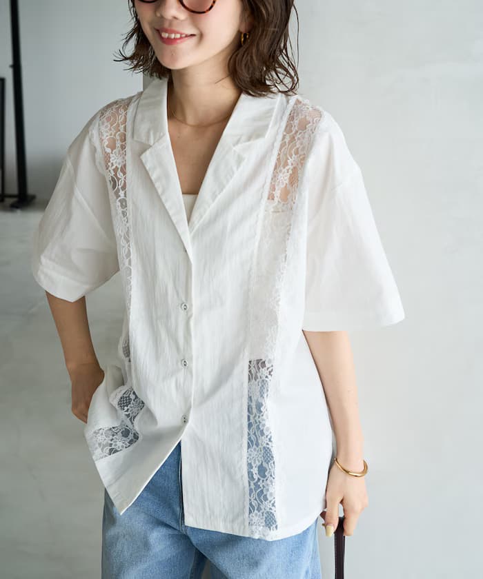 蕾絲拼接 薄紗 開襟襯衫【限定款】