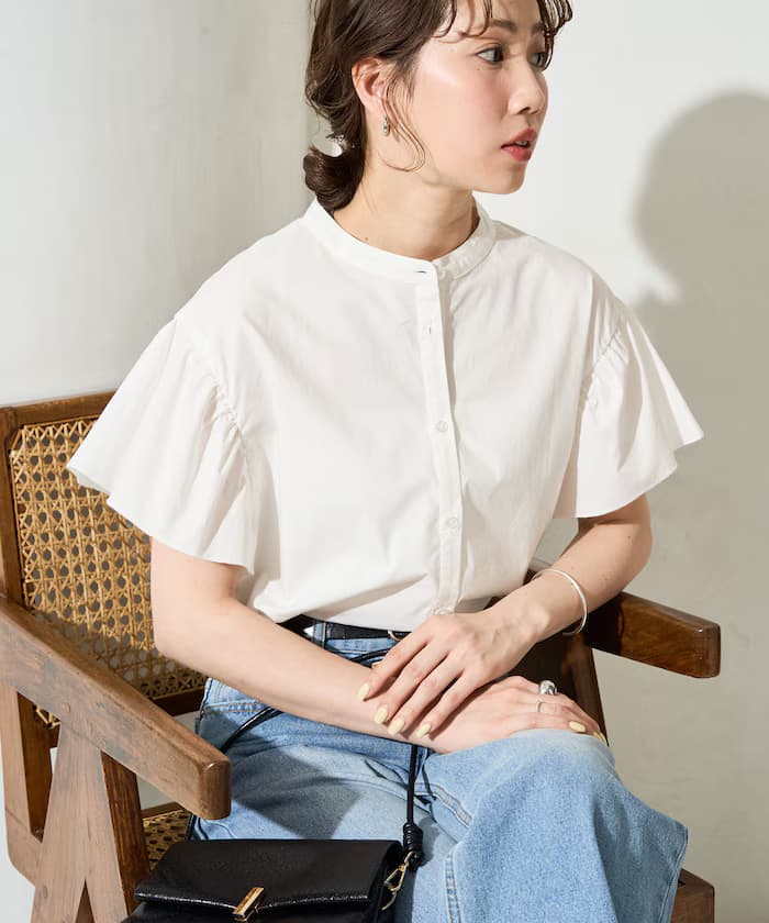 荷葉邊袖 挺版布 無領襯衫【限定款】
