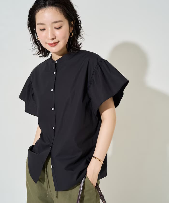 荷葉邊袖 挺版布 無領襯衫【限定款】