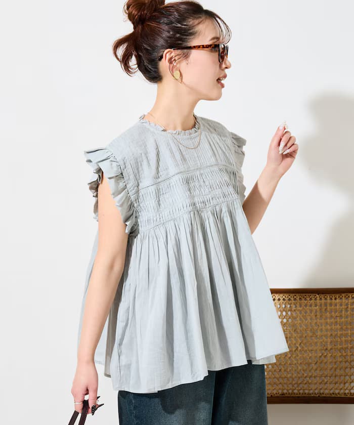 印度棉布打褶皺褶荷葉邊罩衫【限定展開】