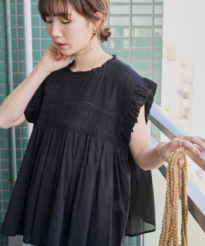 印度棉布打褶皺褶荷葉邊罩衫【限定展開】