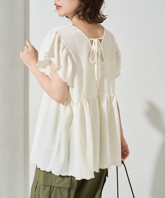 配色滾邊 露背 蝴蝶結 抓皺 楊柳 前後2way上衣【限定款】
