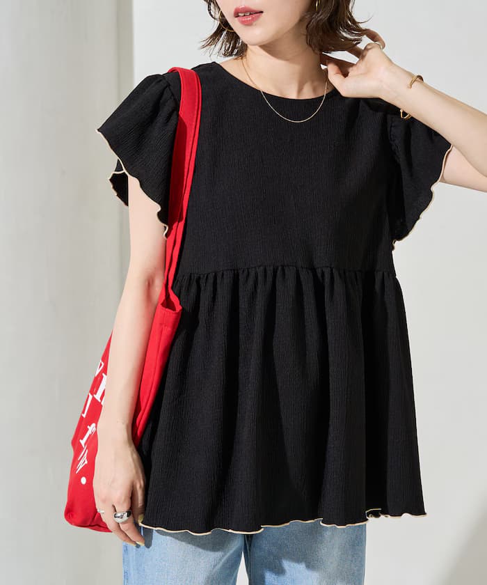 配色滾邊 露背 蝴蝶結 抓皺 楊柳 前後2way上衣【限定款】