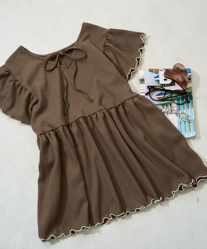 配色滾邊 露背 蝴蝶結 抓皺 楊柳 前後2way上衣【限定款】