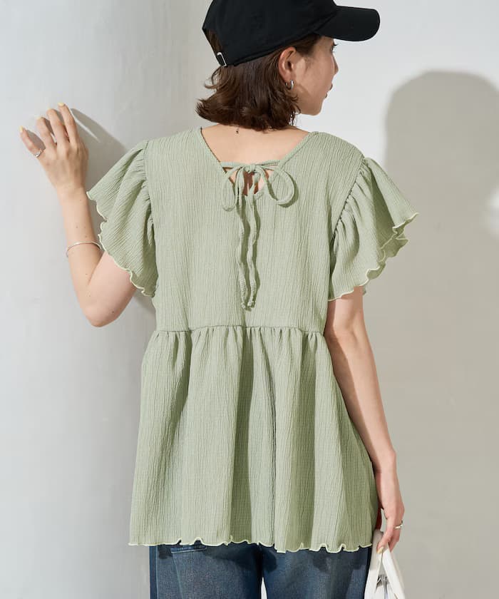 配色滾邊 露背 蝴蝶結 抓皺 楊柳 前後2way上衣【限定款】