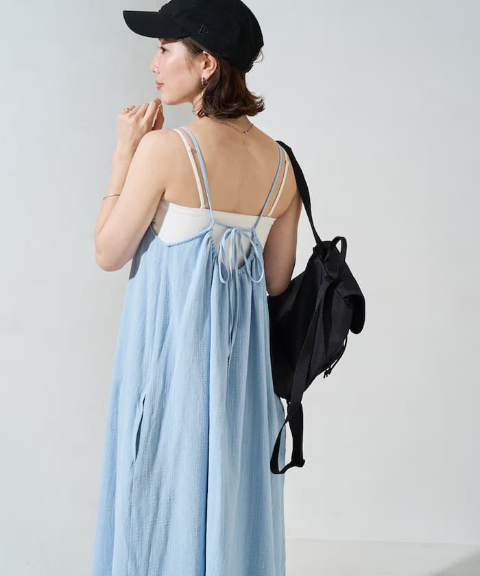 棉質多比紋 蝴蝶結細肩帶連身裙【限定款】
