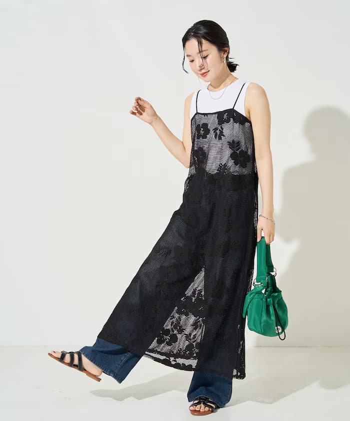 花卉網眼細肩帶連身裙【限定款】