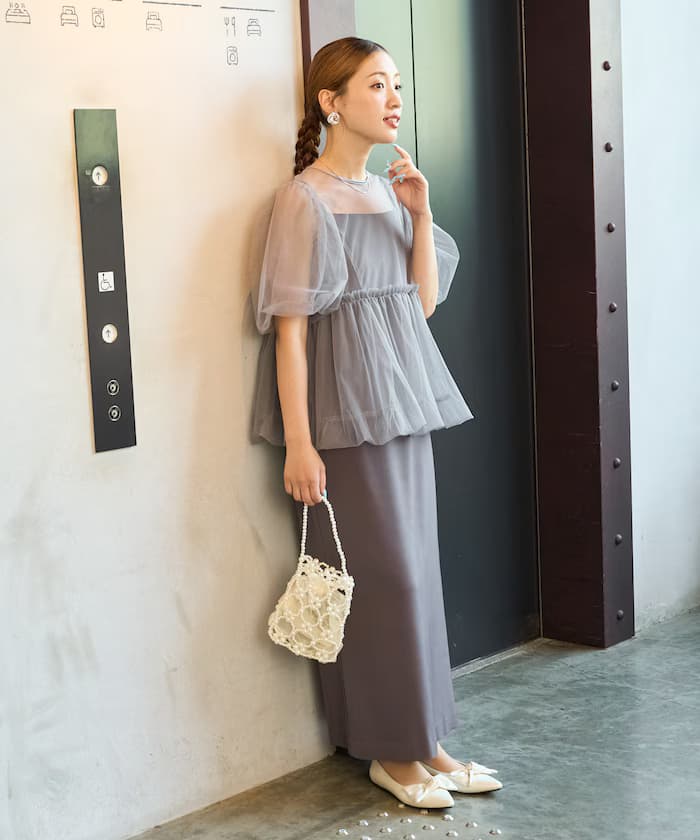 紗質荷葉邊套裝細肩帶連身裙(洋裝)【限定展開】