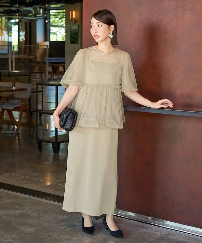 紗質荷葉邊套裝細肩帶連身裙(洋裝)【限定展開】