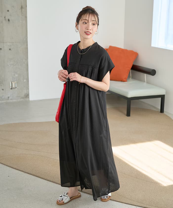 印度棉梯形蕾絲鈕扣無袖連身裙【限定展開】