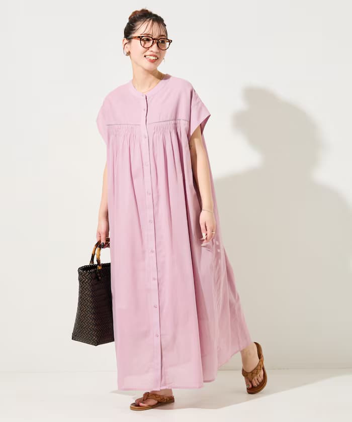 印度棉梯形蕾絲鈕扣無袖連身裙【限定展開】