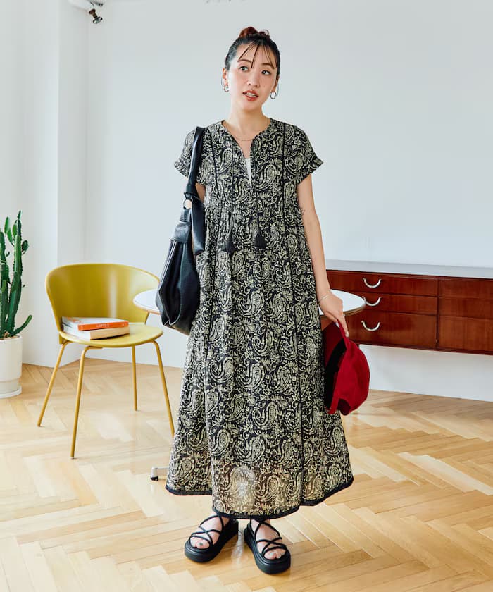 印度佩茲利花紋翻領連身裙【限定展開】