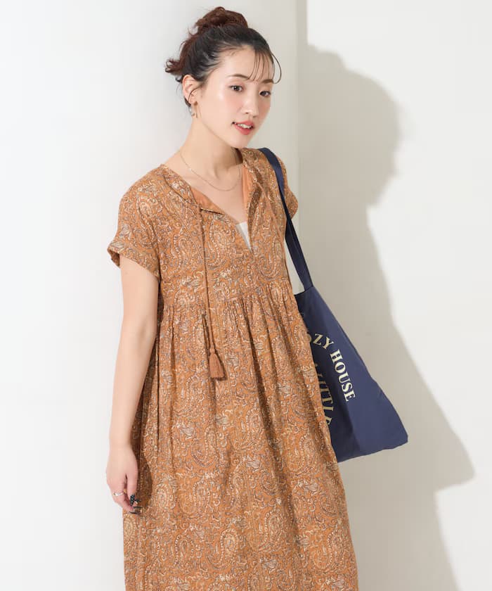 印度佩茲利花紋翻領連身裙【限定展開】