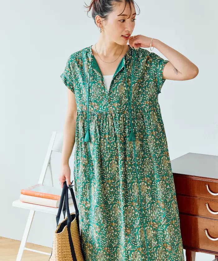 印度佩茲利花紋翻領連身裙【限定展開】