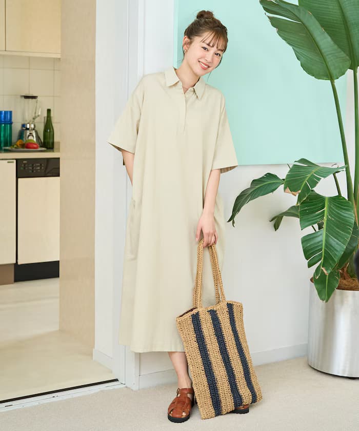 麻觸感襟付半袖襯衫連身裙【限定展開】