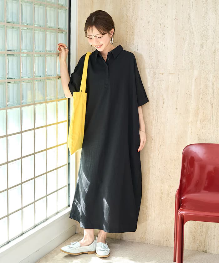 麻觸感襟付半袖襯衫連身裙【限定展開】