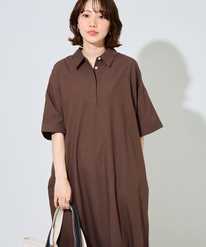麻觸感襟付半袖襯衫連身裙【限定展開】