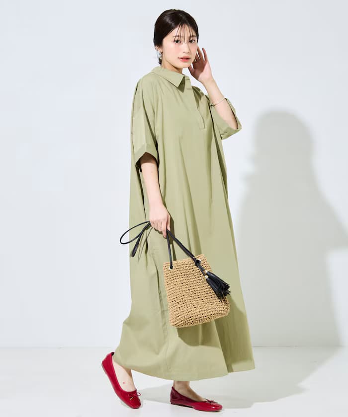 麻觸感襟付半袖襯衫連身裙【限定展開】