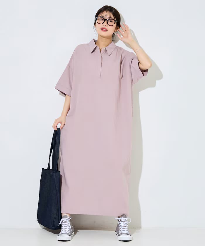 麻觸感襟付半袖襯衫連身裙【限定展開】