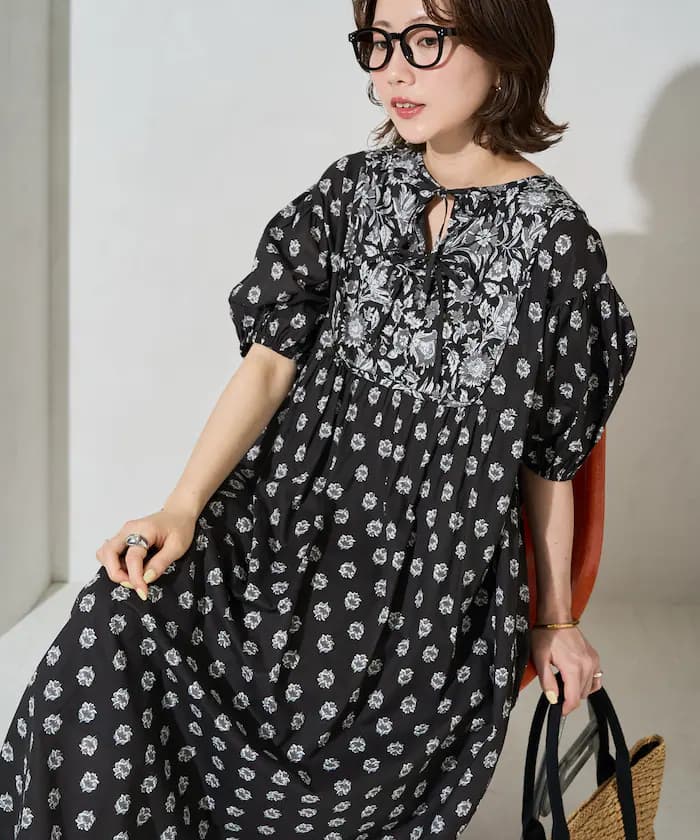 印度風 花卉 前片拼接 澎袖 連身裙【限定款】