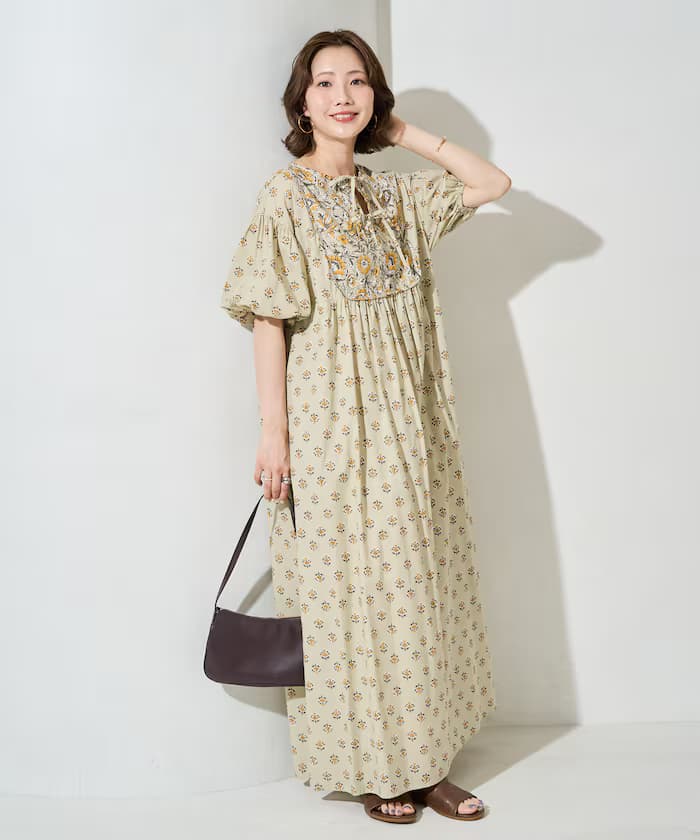 印度風 花卉 前片拼接 澎袖 連身裙【限定款】