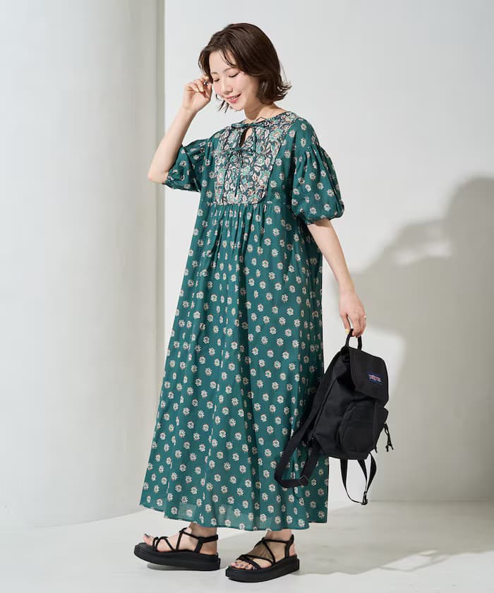 印度風 花卉 前片拼接 澎袖 連身裙【限定款】