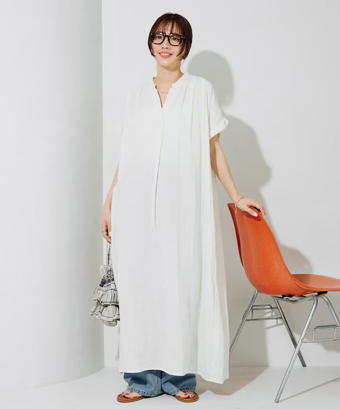 印度雙紗船領法式袖連身裙【限定展開】