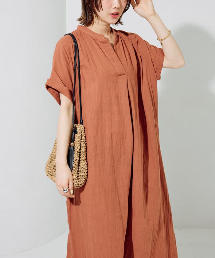 印度雙紗船領法式袖連身裙【限定展開】