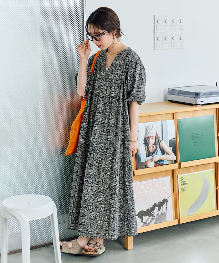 印度風2色調花卉短袖寬領連身裙【限定款】