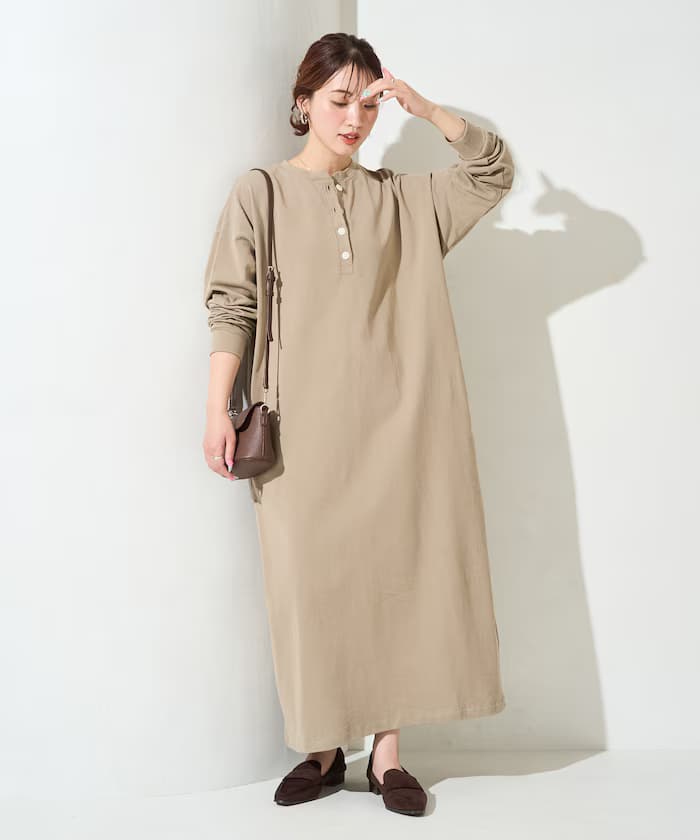 USA棉質亨利領長袖連身裙【限定展開】