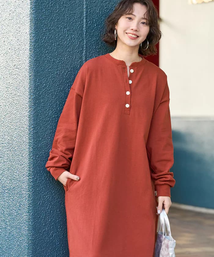 USA棉質亨利領長袖連身裙【限定展開】