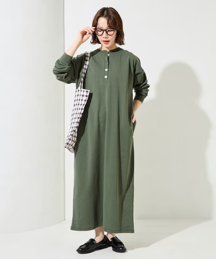 USA棉質亨利領長袖連身裙【限定展開】