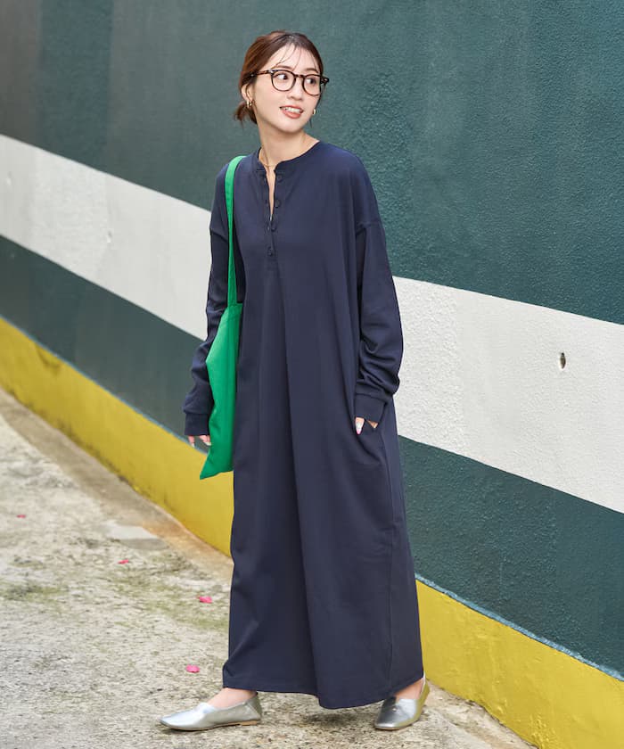 USA棉質亨利領長袖連身裙【限定展開】