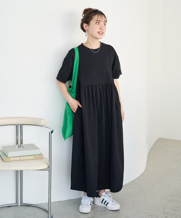 腰部皺褶拼接半袖連身裙【限定展開】