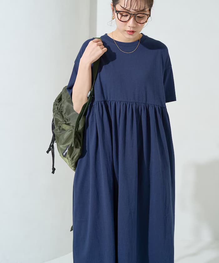 腰部皺褶拼接半袖連身裙【限定展開】