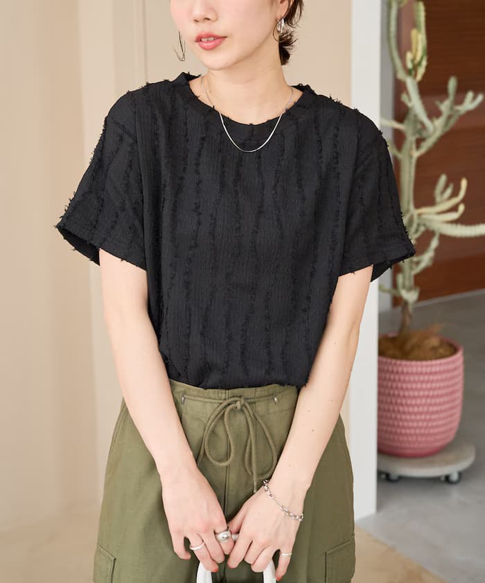 流蘇條紋半袖上衣【限定展開】