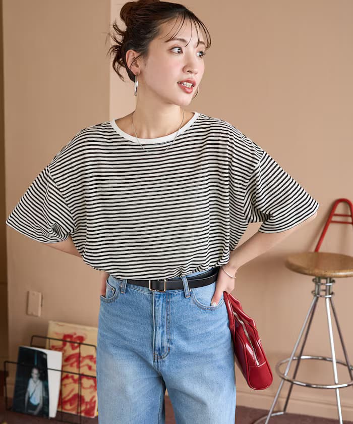 シアー 橫條紋 半袖 T恤【限定展開】