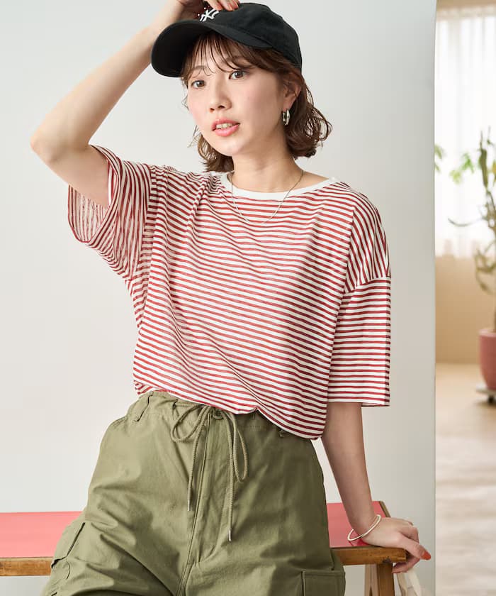 シアー 橫條紋 半袖 T恤【限定展開】