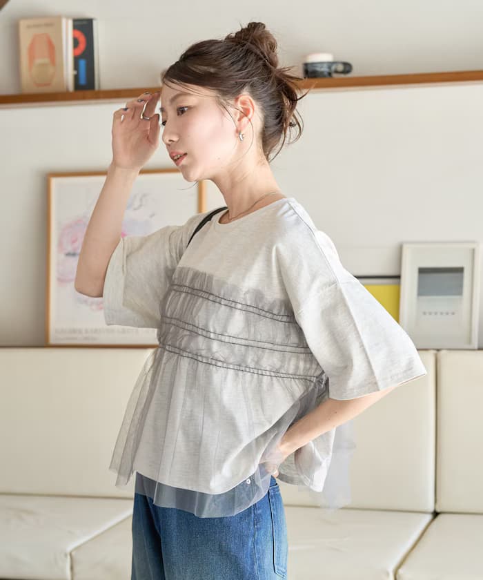 棉麻混紡 荷葉邊拼接 短袖T恤【限定款】