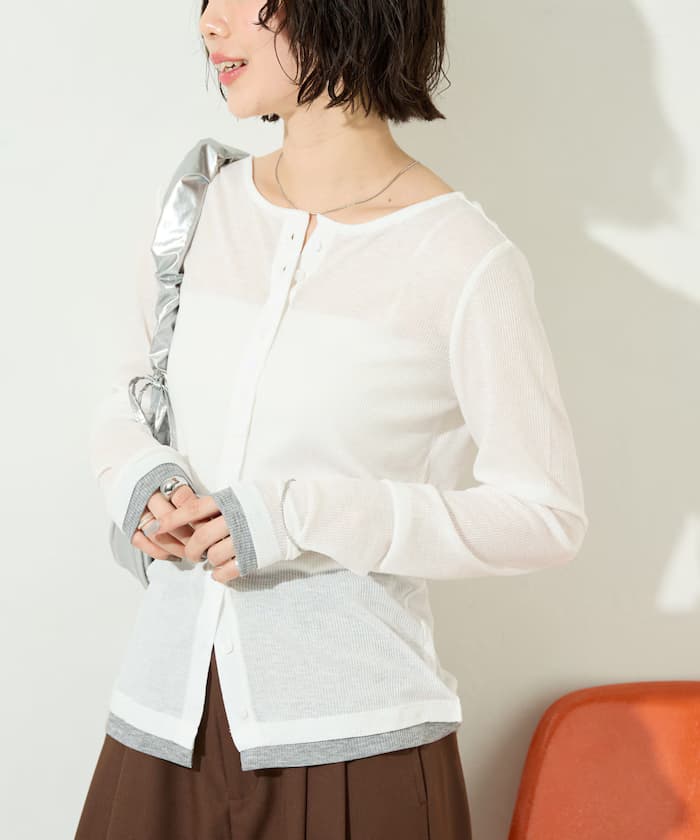 配色透膚羅紋鈕扣針織開衫【限定展開】