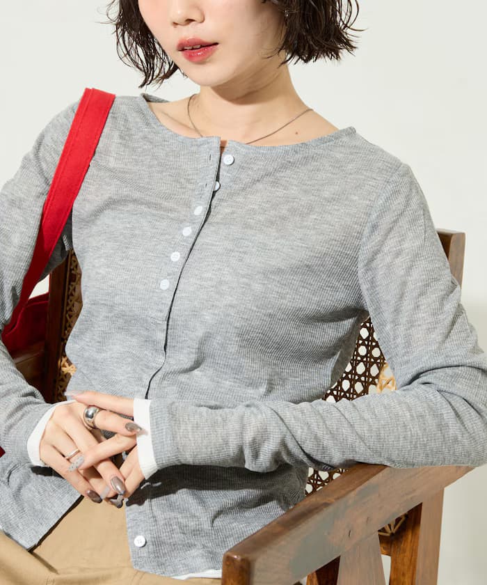 配色透膚羅紋鈕扣針織開衫【限定展開】