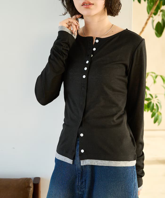 配色透膚羅紋鈕扣針織開衫【限定展開】