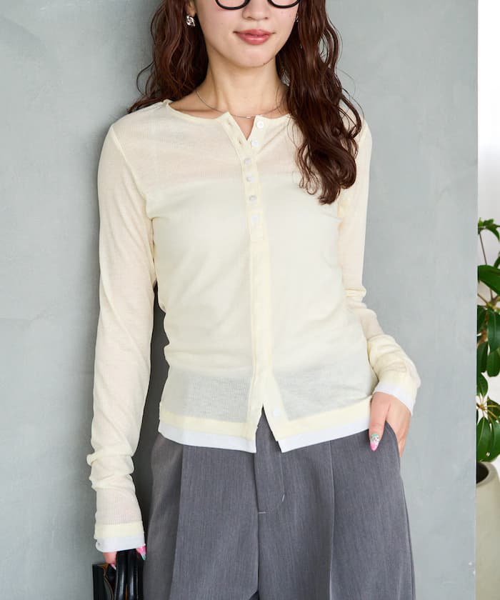 配色透膚羅紋鈕扣針織開衫【限定展開】